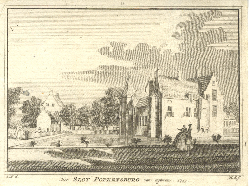 afbeelding van prent Het Slot Popkensburg van agteren. 1743 van H. Spilman, C. Pronk (Sint Laurens)