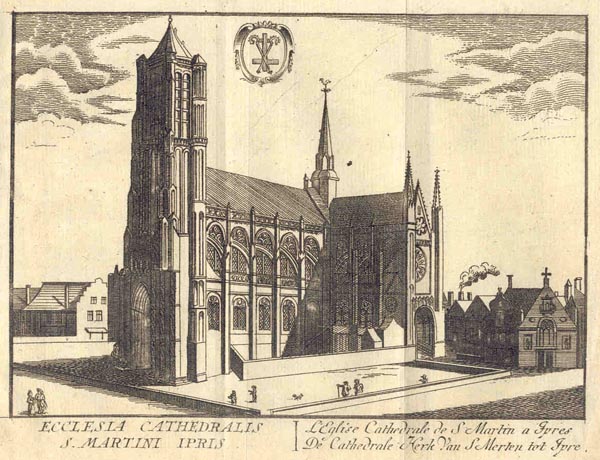 afbeelding van prent Ecclesia Cathedralis s. Martini Ipris. L´eglise Cathedrale de S Martin a Ipres. De Cathedrale  van Harrewijn? (Ipres, Iperen, Yperen, Ypres)