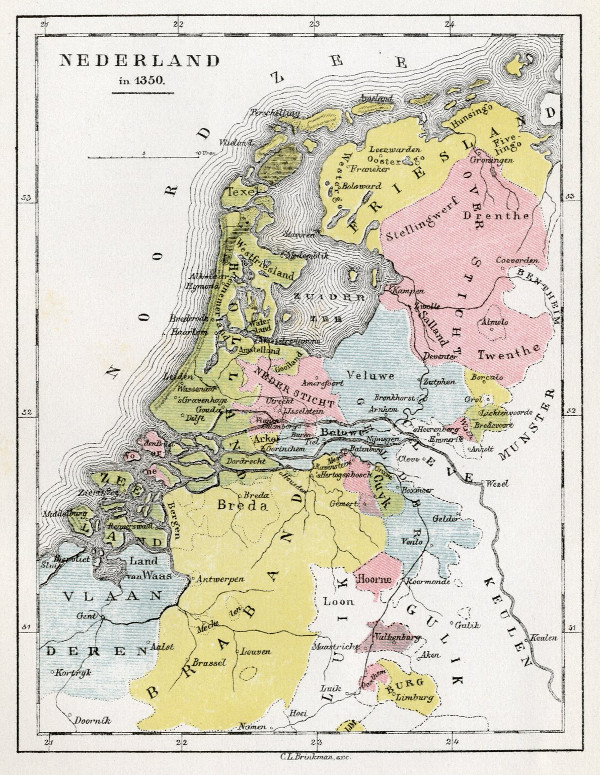afbeelding van kaart Nederland in 1350 van C.L. Brinkman, Amsterdam afbeelding van kaart Nederland in 1350 van C.L. Brinkman, Amsterdam