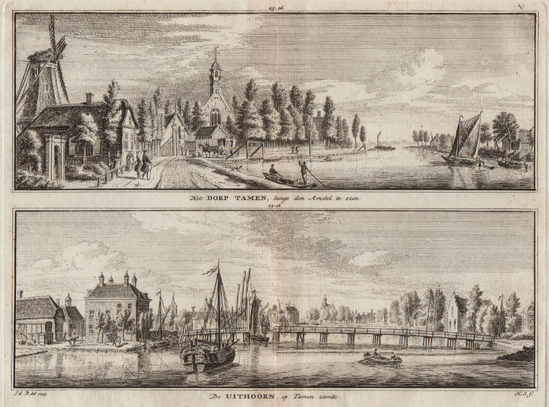 afbeelding van prent Het dorp Tamen, langs den Amstel te zien; De Uithoorn, op Tamen ziende van H. Spilman, J. de Beijer (Uithoorn, Thamen)