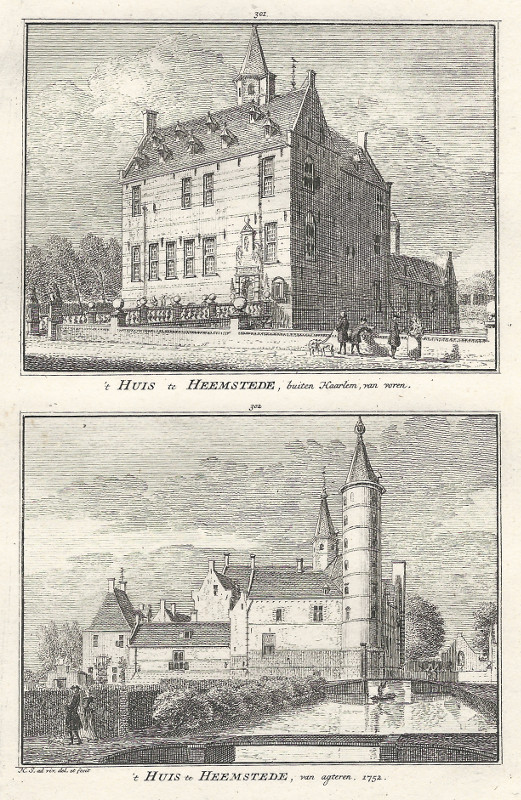 afbeelding van prent ´t Huis te Heemstede, buiten Haarlem, van voren; van agteren, 1752 van H. Spilman (Heemstede)