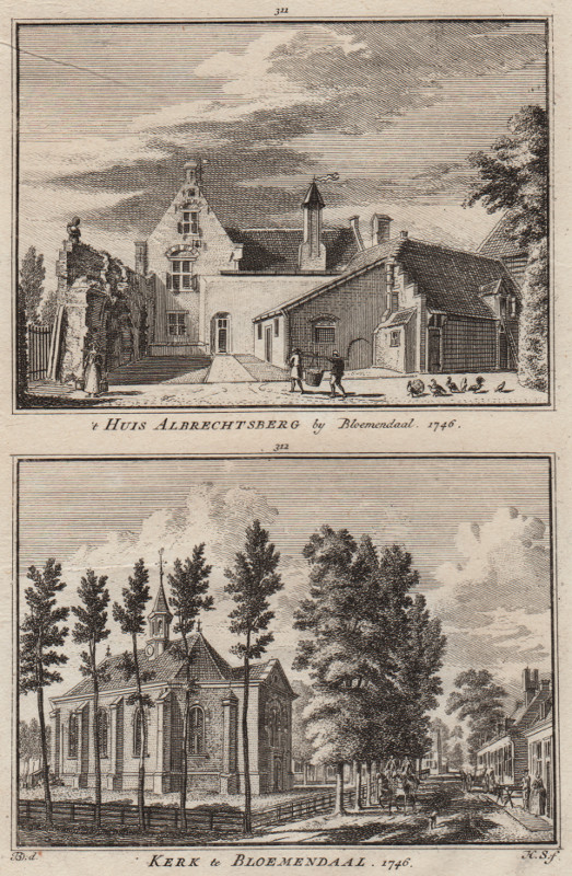 afbeelding van prent ´t Huis Albrechtsberg by Bloemendaal 1746; Kerk te Bloemendaal van H. Spilman (Bloemendaal)