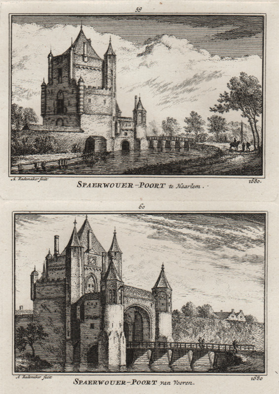 afbeelding van prent Spaerwouer-Poort te Haarlem; Spaerwouer-Poort van Vooren. 1680. van A. Rademaker (Haarlem)