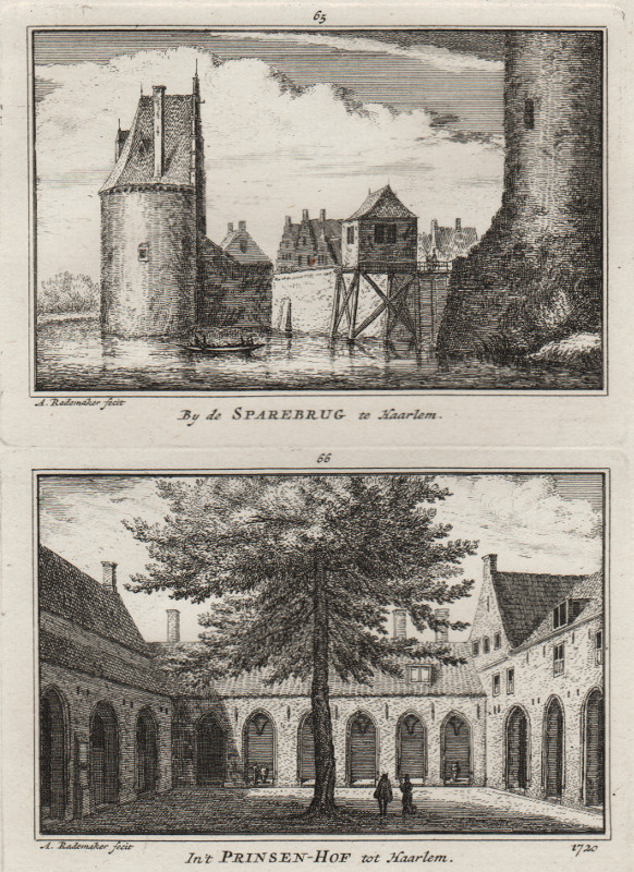 afbeelding van prent By de Sparebrug te Haarlem; In ´t Prinsen-Hof tot Haarlem,  1720. van A. Rademaker (Haarlem)