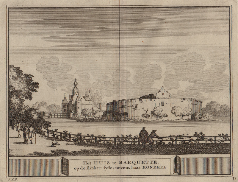 afbeelding van prent Het Huis te Marquette, op de slinker syde; nevens haar rondeel van J. Schijnvoet, naar R. Roghman (Heemskerk)
