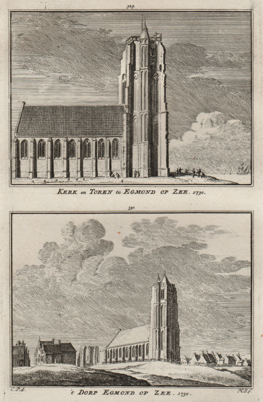 afbeelding van prent Kerk en Toren te Egmond op Zee; ´t Dorp Egmond op Zee 1730 van H. Spilman, C. Pronk (Egmond aan Zee)