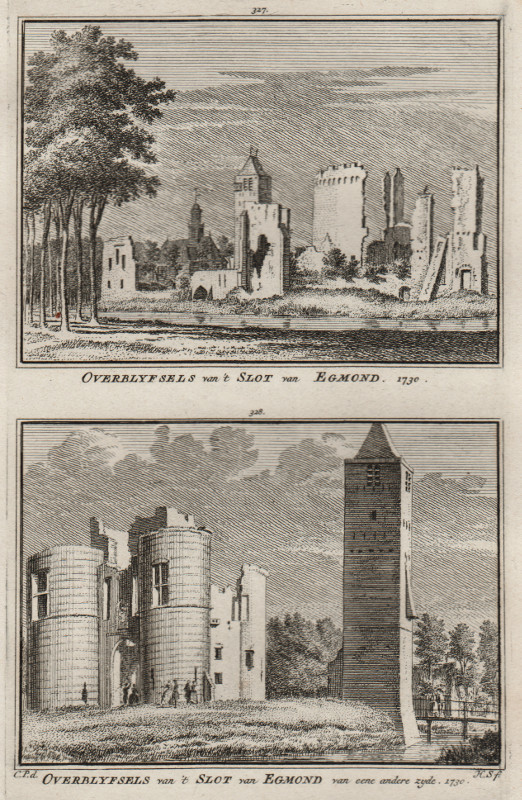 afbeelding van prent Overblyfsels van ´t Slot van Egmond;  .. van eene andere zyde. 1730. van H. Spilman, C. Pronk (Egmond)