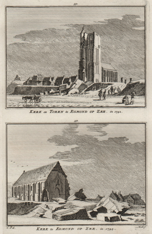 afbeelding van prent Kerk en toren te Egmond op Zee in 1742; Kerk te Egmond op Zee, in 1744 van H. Spilman, C. Pronk (Egmond aan Zee)