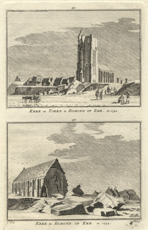 afbeelding van prent Kerk en toren te Egmond op Zee in 1742; Kerk te Egmond op Zee, in 1744 van H. Spilman, C. Pronk (Egmond aan Zee)