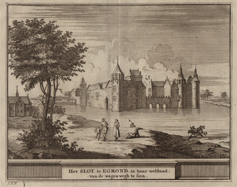 afbeelding van prent het Slot te Egmond in haar welstand, van de wagenwegh te sien van J. Schijnvoet, naar R. Roghman (Egmond)