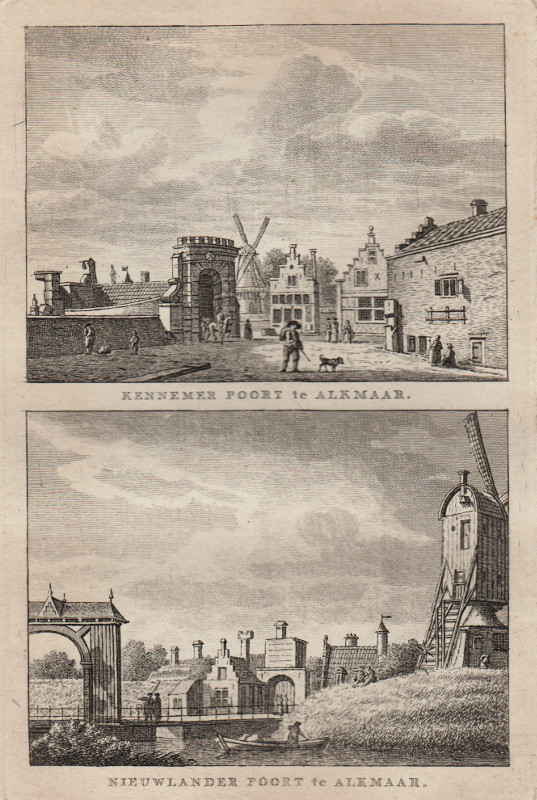 afbeelding van prent Kennemer Poort te Alkmaar; Nieuwlander Poort te Alkmaar van C.F. Bendorp, J. Bulthuis (Alkmaar)