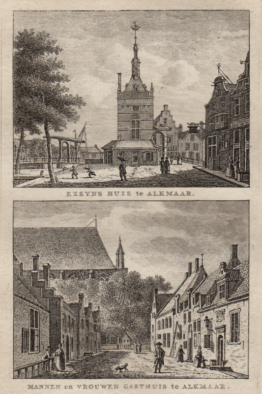 afbeelding van prent Exsyns Huis te Alkmaar; Mannen en Vrouwen Gasthuis te Alkmaar van C.F. Bendorp, J. Bulthuis (Alkmaar)