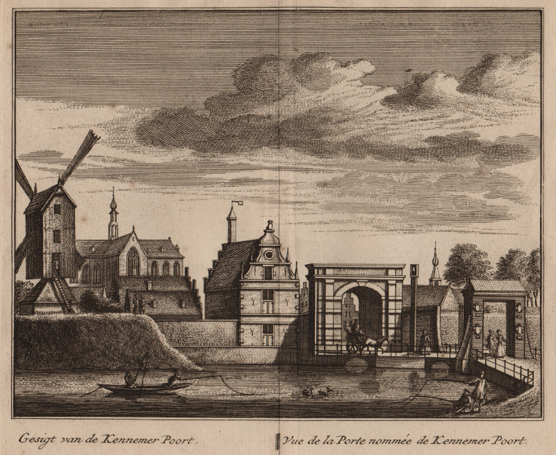 afbeelding van prent Gesigt van de Kennemer Poort; Vue de la Porte nommee de Kennemer Poort van L. Schenk, A. Rademaker (Alkmaar)