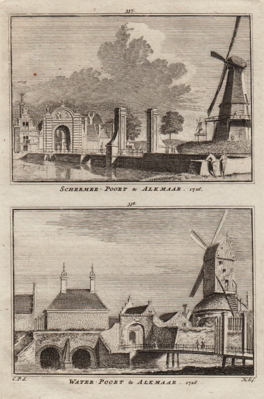 afbeelding van prent Schermer-Poort te Alkmaar; Water-Poort te Alkmaar, 1726 van H. Spilman, C. Pronk (Alkmaar)