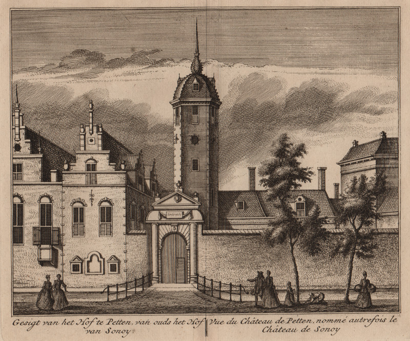 afbeelding van prent Gesigt van het Hof te Petten, van ouds het Hof van Sonoy; Vue du Chateau de Petten..  van L. Schenk, A. Rademaker (Alkmaar)