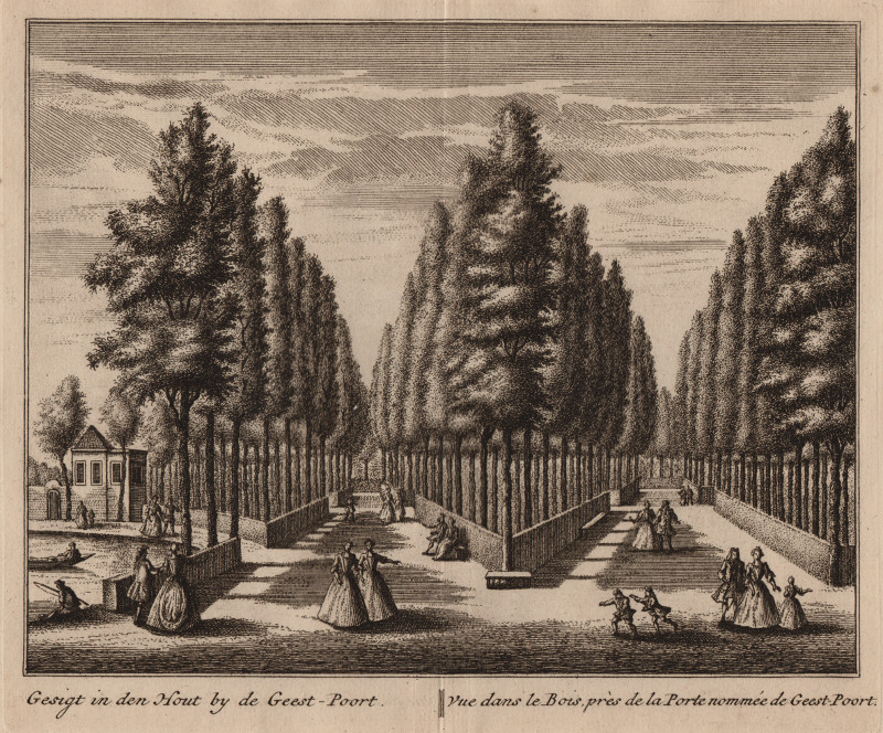 afbeelding van prent Gesigt in den Hout by de Geest-Poort; Vue dans le Bois, pres de la Porte nommee de Geest-Poort van L. Schenk, A. Rademaker (Alkmaar)