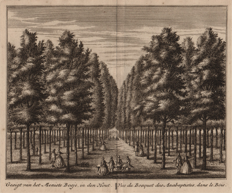 afbeelding van prent Gesigt van het Meniste Bosje, in den Hout; Vue de Bosquet des Anabaptistes, dans le Bois van L. Schenk, A. Rademaker (Alkmaar)