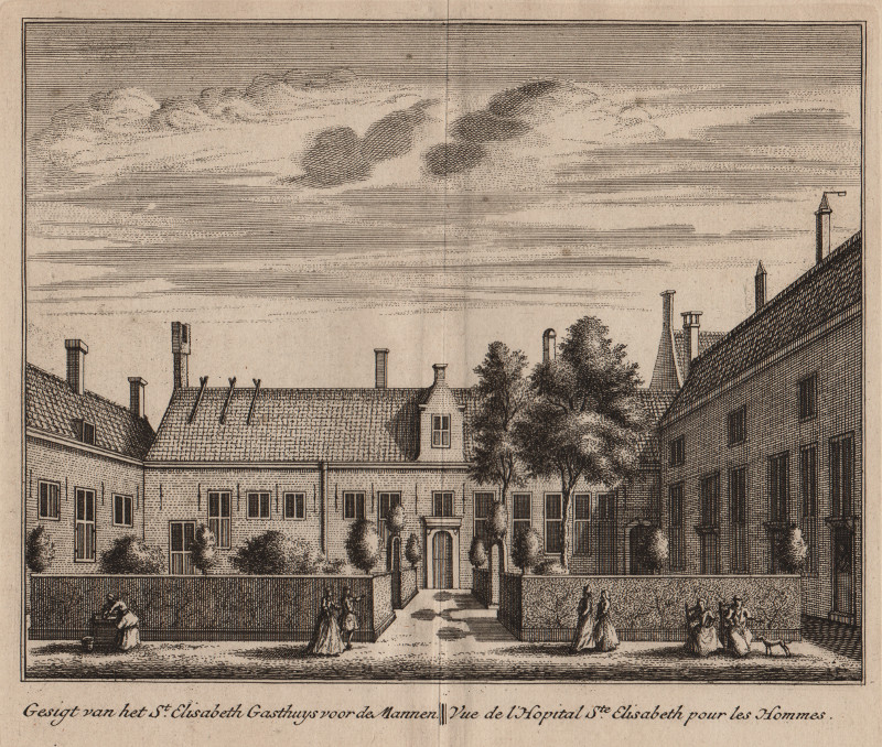 afbeelding van prent Gesigt van het St. Elisabeth Gasthuys voor de Mannen; Vue de L´Hopital Ste. Elisabeth pour les van L. Schenk, A. Rademaker (Alkmaar)