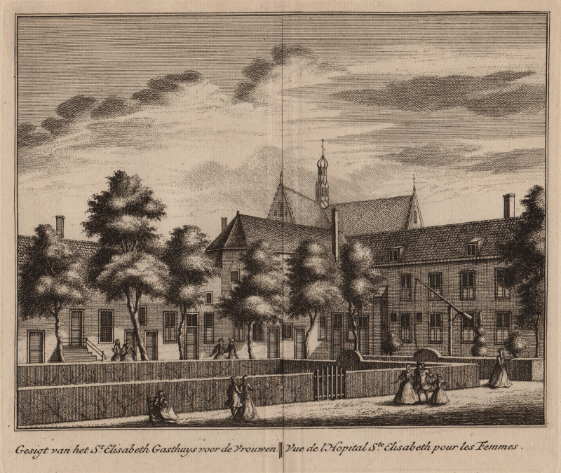 afbeelding van prent Gesigt van het St. Elisabeth Gasthuys voor de Vrouwen; Vue de l´Hopital Ste. Elisabeth pour le van L. Schenk, A. Rademaker (Alkmaar)