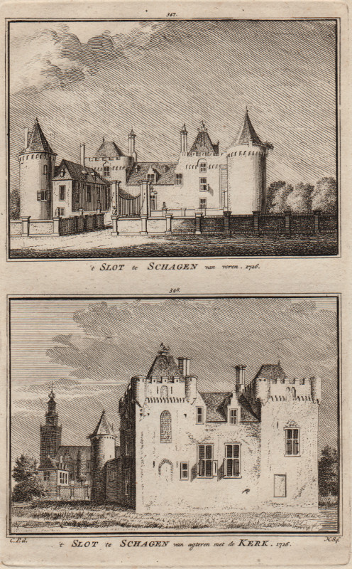 afbeelding van prent ´t Slot te Schagen van voren; ´t Slot te Schagen van agteren met de kerk, 1726 van H. Spilman, C. Pronk (Schagen)