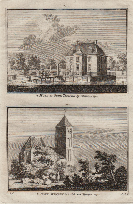 afbeelding van prent ´T Huis de oude Tempel, by Winsen; ´t Dorp Winsen in ´t Ryk can Nymegen, 1732 van H. Spilman, C. Pronk (Winssen)