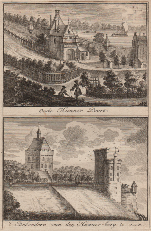 afbeelding van prent Oude Hunner Poort; ´t Belvedere van den Hunner-Berg te zien van J. Ruyter, C. Pronk (Nijmegen)