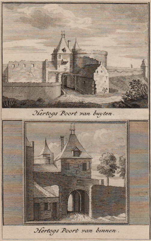 afbeelding van prent Hertogs Poort van buyten; Hertogs Poort van binnen. van J. Ruyter, C. Pronk (Nijmegen)