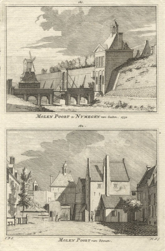 afbeelding van prent Molen Poort te Nymegen van buiten; Molen Poort van binnen 1732 van H. Spilman, C. Pronk (Nijmegen)