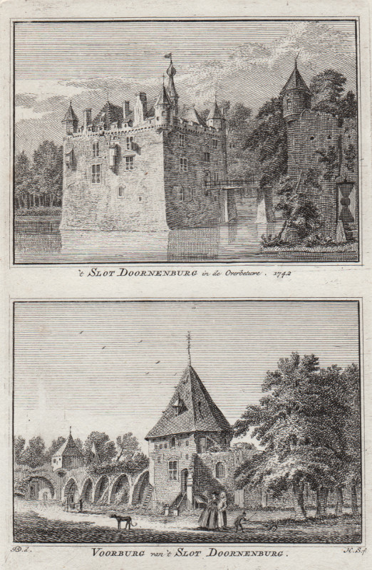 afbeelding van prent ´t Slot Doornenburg in de Overbetuwe, 1742; Voorburg van ´t Slot Doornenburg van H. Spilman, J. de Beijer (Doornenburg)