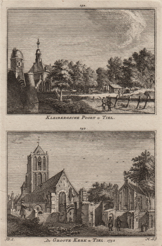 afbeelding van prent Kleibergsche Poort te Tiel; De Groote Kerk te Tiel. 1742 van H. Spilman, J. de Beijer (Tiel)