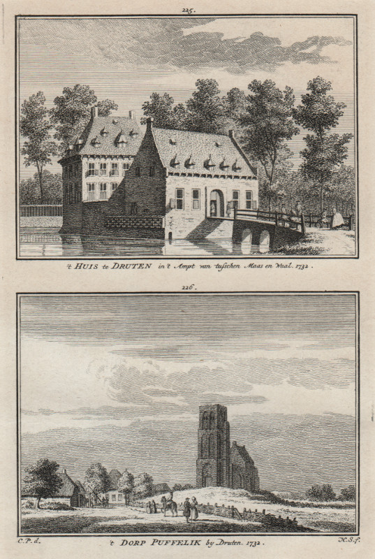 afbeelding van prent ´t Huis te Druten in  Ampt van tusschen Maas en Waal; ´t Dorp Puffelik by Druten van H. Spilman, C. Pronk (Druten)