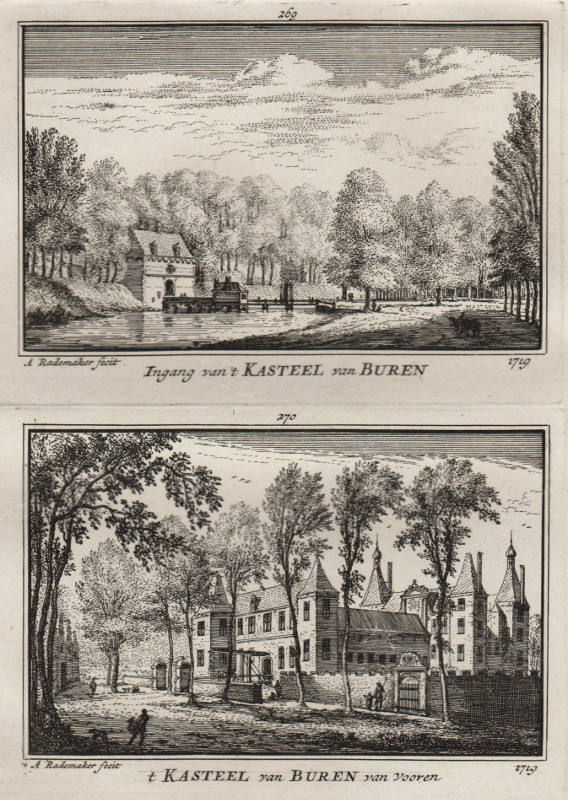 afbeelding van prent Ingang van &acute;t Kasteel van Buren; &acute;t Kasteel van Buren van vooren 1719 van A. Rademaker (Buren)