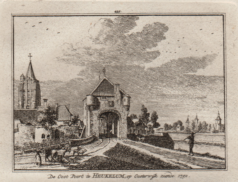 afbeelding van prent De Oost Poort te Heukelum, op Oosterwyk ziende. 1750 van H. Spilman, J. de Beijer (Heukelum)