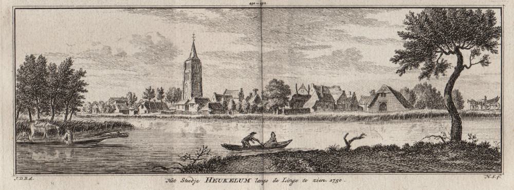 afbeelding van prent Het Steedje Heukelum langs de Linge te zien. 1750 van H. Spilman, J. de Beijer (Heukelum)