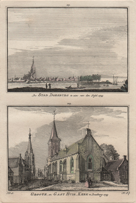 afbeelding van prent De Stad Doesburg te zien van den Yssel, Groote en Gast Huis Kerk te Doesburg,  1743 van H. Spilman, J. de Beijer (Doesburg)