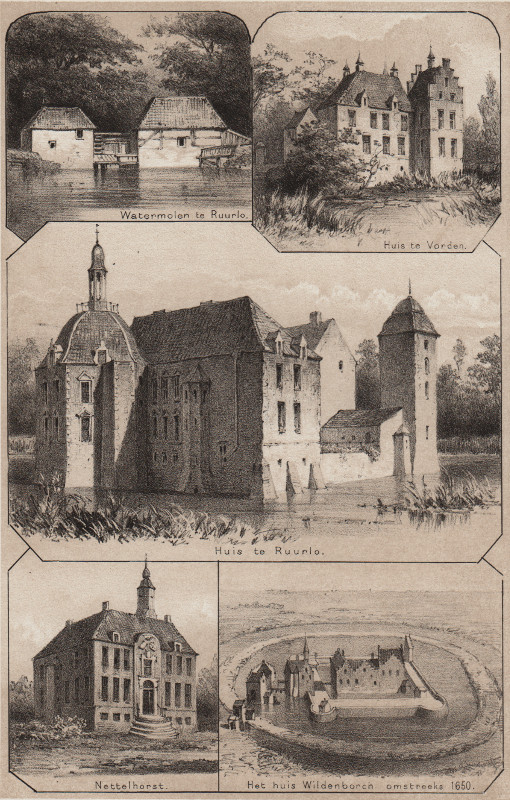 afbeelding van prent Watermolen te Ruurlo, Huis te Vorden, Huis te Ruurlo, Nettelhorst, Het Huis Wildenborch van P.A. Schipperus, Emrik en Binger (Ruurlo, Vorden)