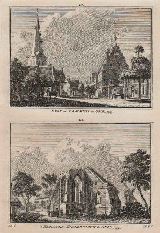 afbeelding van prent Kerk en Raadhuis te Grol; ´t Klooster Engelhuizen te Grol. 1743 van H. Spilman, J. de Beijer (Groenlo)