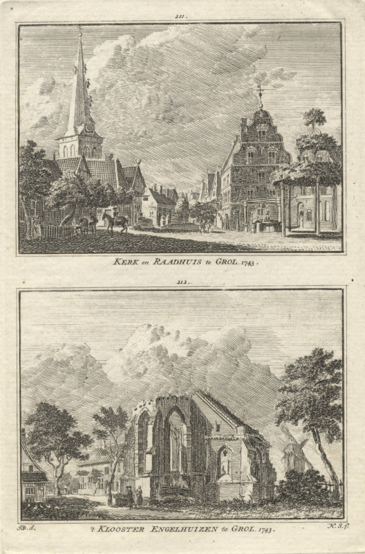 afbeelding van prent Kerk en Raadhuis te Grol; ´t Klooster Engelhuizen te Grol. 1743 van H. Spilman, J. de Beijer (Groenlo)