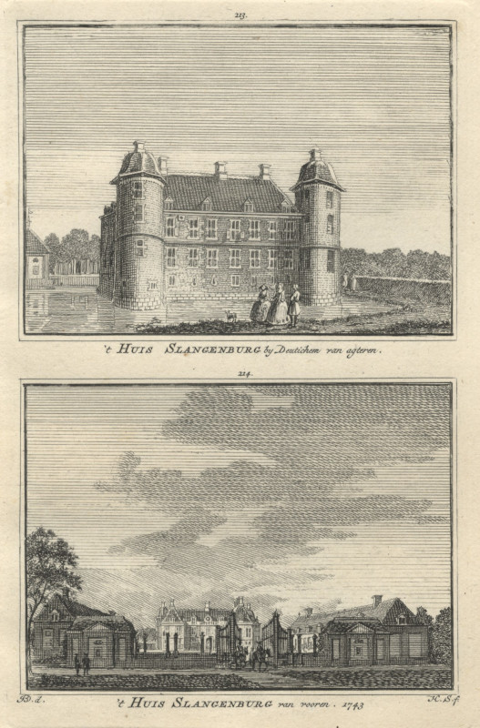 afbeelding van prent ´t Huis Slangenburg by Deutichem van agteren, ´t Huis Slangenburg van vooren, 1743 van H. Spilman, J. de Beijer (Doetinchem)