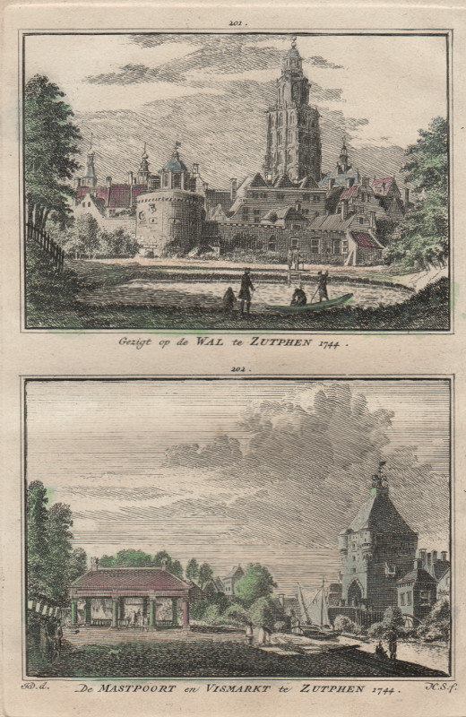 afbeelding van prent Gezigt op de Wal te Zutphen; De Mastpoort en Vismarkt te Zutphen 1744 van H. Spilman, J. de Beijer (Zutphen)