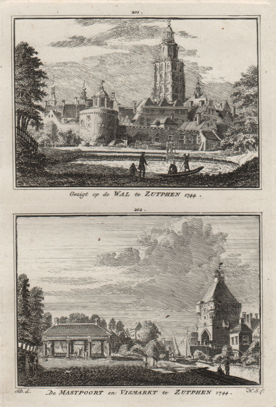 afbeelding van prent Gezigt op de Wal te Zutphen; De Mastpoort en Vismarkt te Zutphen 1744 van H. Spilman, J. de Beijer (Zutphen)