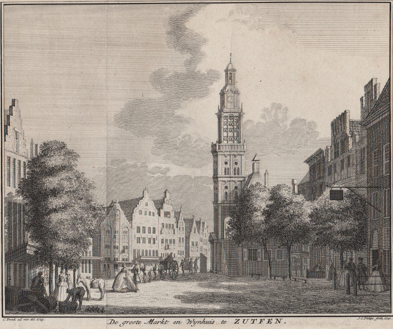 afbeelding van prent De groote Markt en Wynhuis te Zutfen van C. Pronk, J.C. Philips (Zutphen)