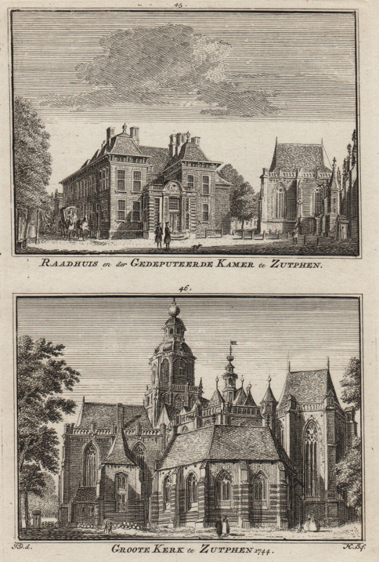 afbeelding van prent Raadhuis en der Gedeputeerde Kamer te Zutphen; Groote Kerk te Zutphen 1744 van H. Spilman, J. de Beijer (Zutphen)