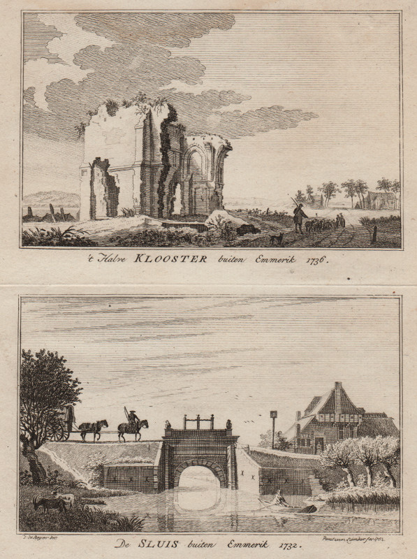 afbeelding van prent ´t Halve Klooster buiten Emmerik 1736; De Sluis buiten Emmerik 1732 van Paul van Liender, Jan de Beijer (Emmerik)