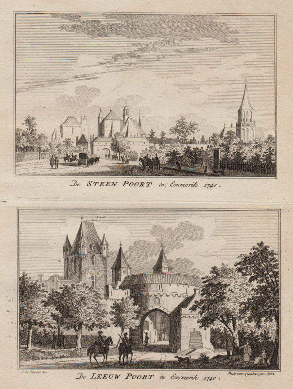 afbeelding van prent De Steen Poort te Emmerik 1740; De Leeuw Poort te Emmerik 1740 van Paul van Liender, Jan de Beijer (Emmerik)