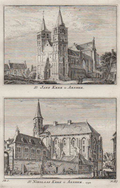 afbeelding van prent St. Jans Kerk te Arnhem; St. Nikolaas Kerk te Arnhem. 1742 van H. Spilman, J. de Beijer (Arnhem)