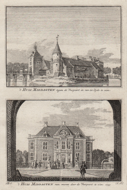 afbeelding van prent ´t Huis Middagten tegen de Voorpoort en van ter Zyde te zien; van vooren door de Voorpoort te  van H. Spilman, J. de Beijer (De Steeg)