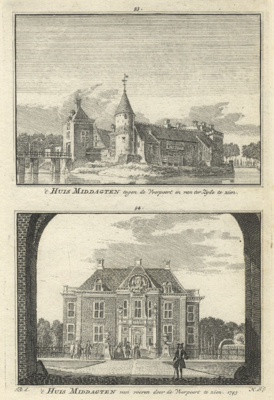 afbeelding van prent ´t Huis Middagten tegen de Voorpoort en van ter Zyde te zien; van vooren door de Voorpoort te  van H. Spilman, J. de Beijer (De Steeg)