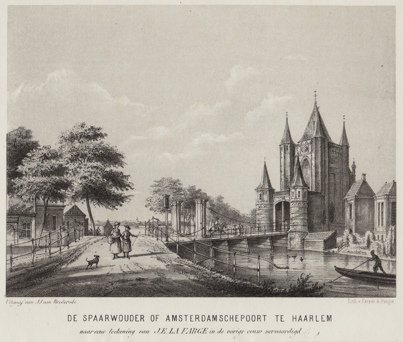 afbeelding van prent De Spaarwouder of Amsterdamschepoort te Haarlem van J.E. la Farge, Emrik en Binger (Harderwijk)