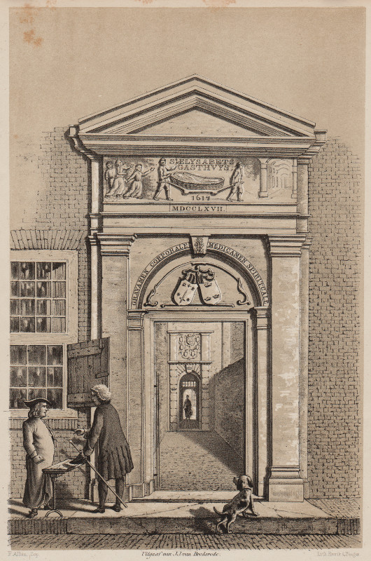 afbeelding van prent De Poort van het oude St. Elisabethsgasthuis van F. Allan, Emrik en Binger (Haarlem)